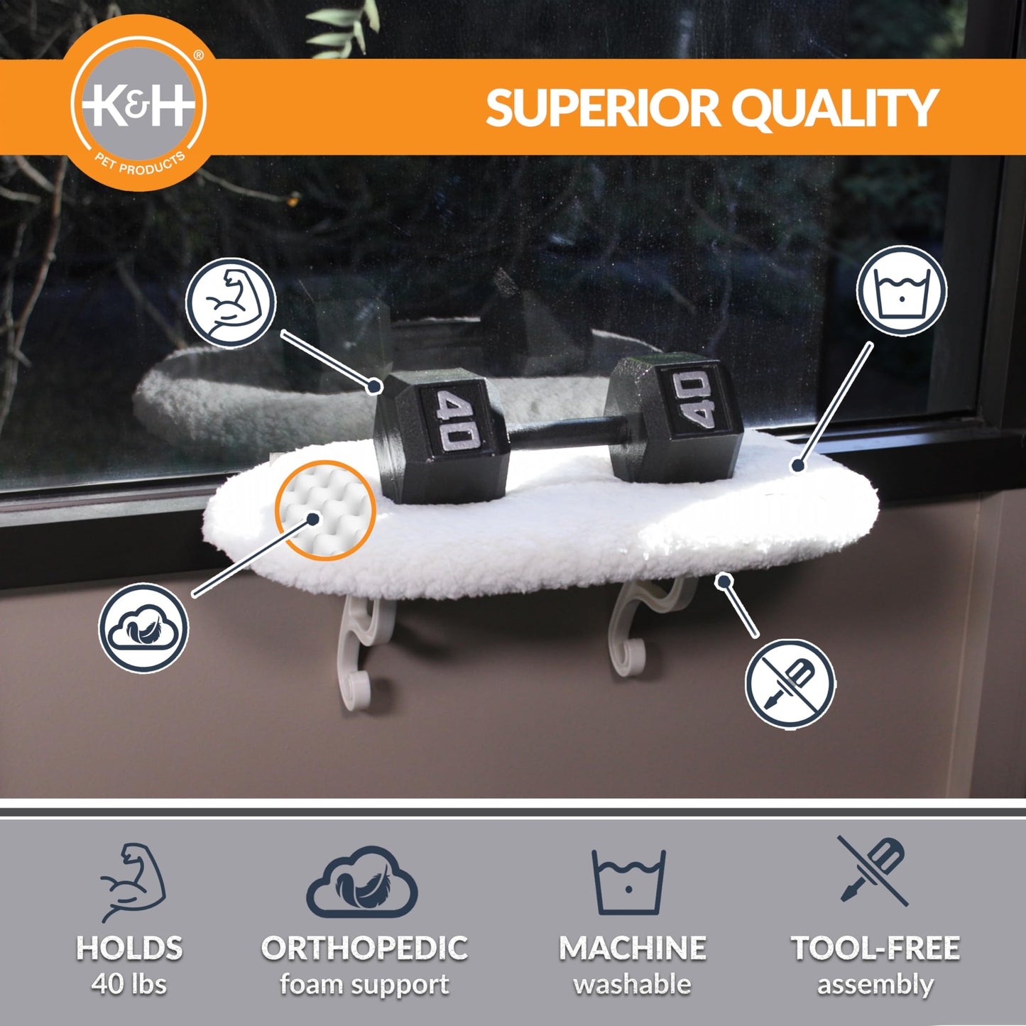 K&H Pet Products Kitty Sill Cat Window Perch for Large Cats, Orthopedic Window Hammock Bed Holds 40LBS, Washable Cover, Kitty Windowsill Bed Seat for Indoors - Cream Fleece, Unheated, 14 X 24in