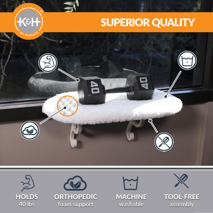 K&H Pet Products Kitty Sill Cat Window Perch for Large Cats, Orthopedic Window Hammock Bed Holds 40LBS, Washable Cover, Kitty Windowsill Bed Seat for Indoors - Cream Fleece, Unheated, 14 X 24in