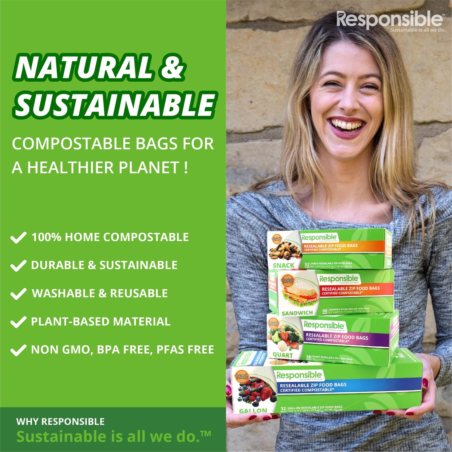 Responsible Products Certified Compostable QUART Resealable Zip Bag, Extra Strength Food Bags, Plant-Based Freezer-Safe (58 Pack)