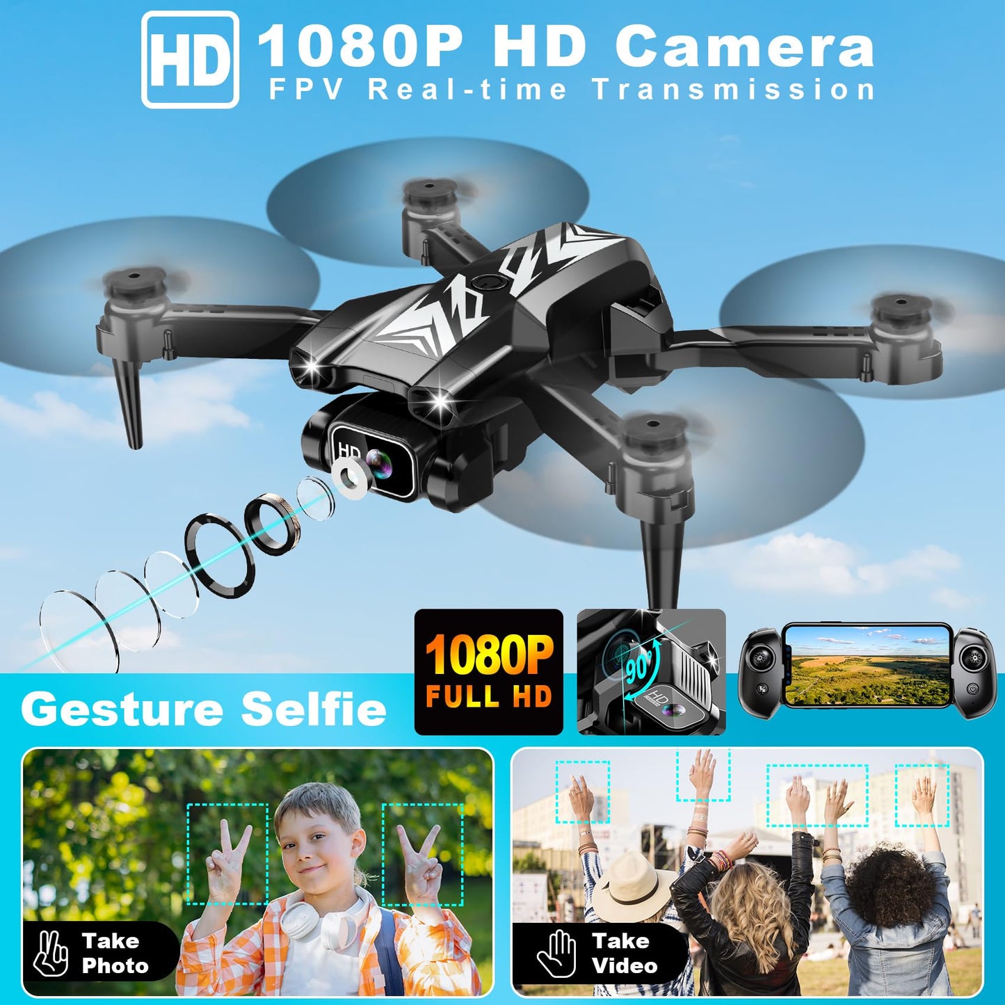 Mini Drone with Camera for Kids Adults-1080P FPV Camera Foldable Drone with Stable Altitude Hold, Gestures Selfie, Waypoint Fly, Auto-Follow, 3D Flip, One Key Start, 3 Speeds, 2 Batteries