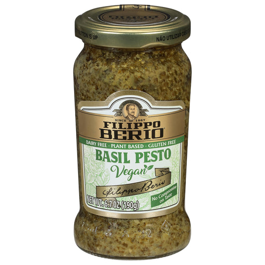 Filippo Berio Pesto, Plant Based Vegan Basil, 6.7 Ounce Glass Jar, Vegetarian, Dairy Free, Gluten Free