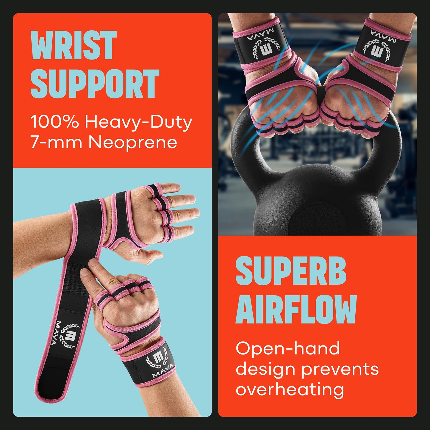 MAVA Open Gym Gloves for Women & Men | Padded Weight Lifting with Wrist Support for Comfort, Protection | Strong-Grip Fingerless Workout | Multi-Use, Anti-Sweat Gym Accessories (Pink S)