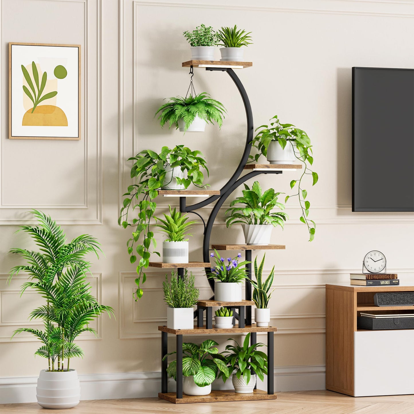 Plant Stand Indoor with Grow Lights - 62" Tall Plant Shelf, Lighted Corner Plant Stands for Indoor Growing, 8 Tiered Large Flower Holder, S-Shaped Decorative Rack for Living Room, Black, Patent Design
