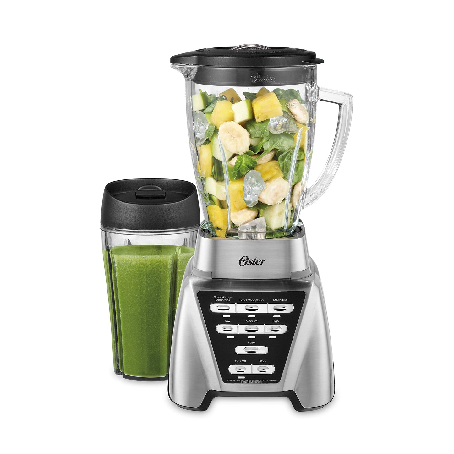 Oster Blender | Pro 1200 with Glass Jar, 24-Ounce Smoothie Cup, Brushed Nickel, Smart Settings Technology, 7 Speeds, Dual Direction Blade, 1200 Watts Power