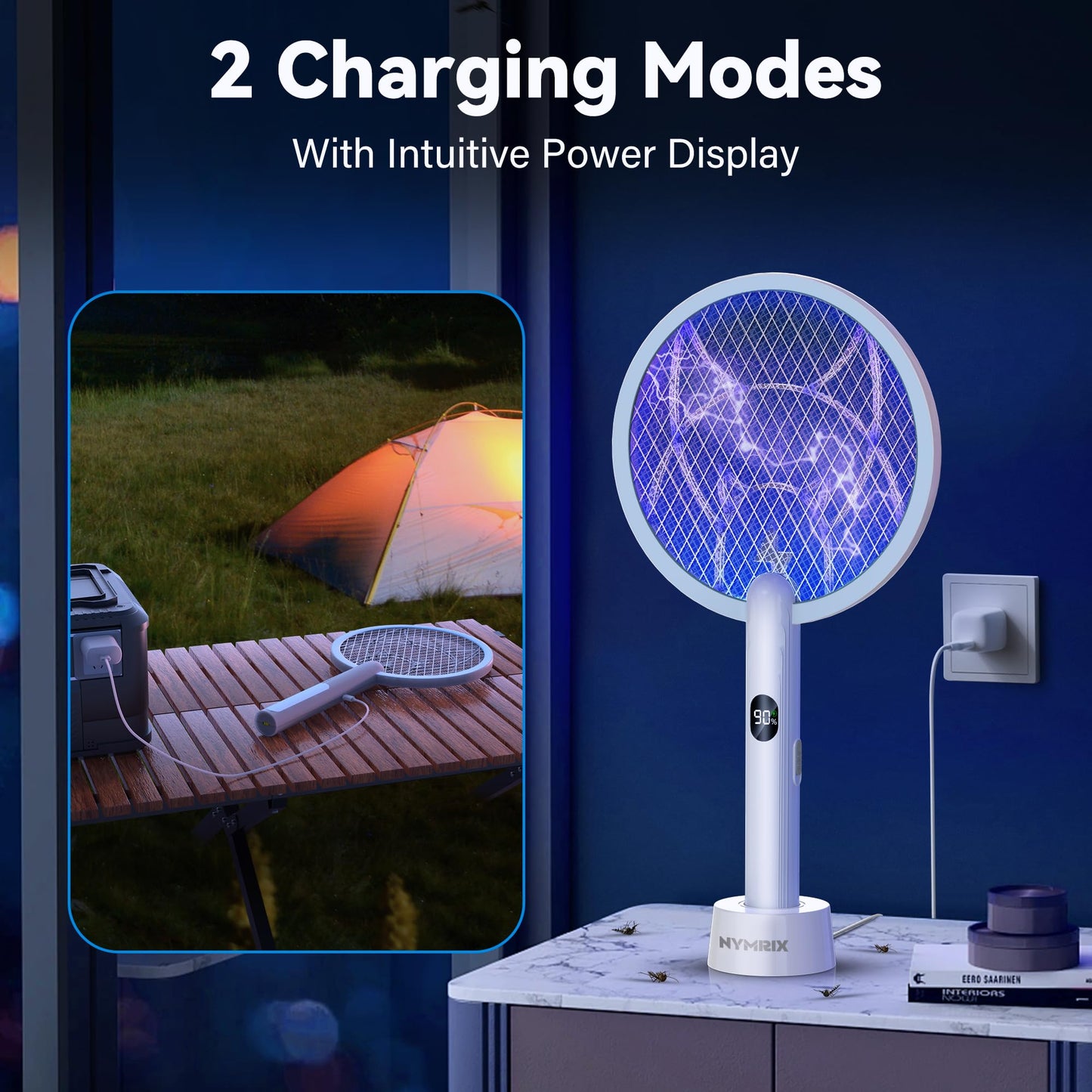 Nymrix Electric Fly Swatter Racket, 2 in 1 Mosquito Bug Zapper 4100V Handheld Mosquito Killer with 1800 mAh Rechargeable Battery, Purple Light and 3-Layer Safety Mesh for Indoor Outdoor Blue