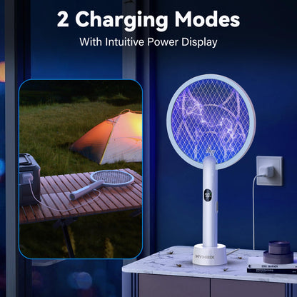 Nymrix Electric Fly Swatter Racket, 2 in 1 Mosquito Bug Zapper 4100V Handheld Mosquito Killer with 1800 mAh Rechargeable Battery, Purple Light and 3-Layer Safety Mesh for Indoor Outdoor Blue