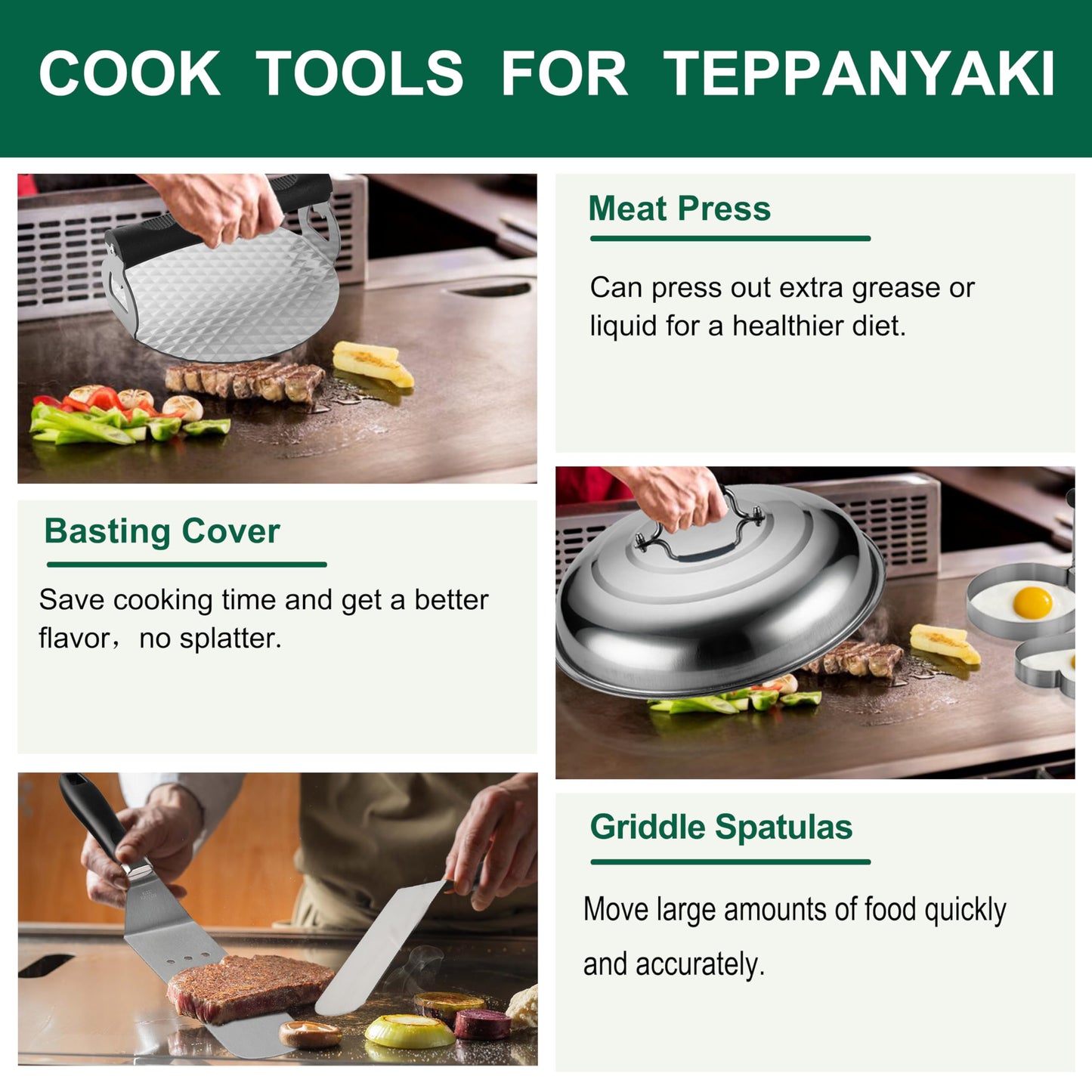 Grilljoy 46PC Griddle Accessories Set with Robust Plastic Handle, All-in-One Griddle Tools Kit for Flat Top Grills Teppanyaki Hibachi, Stainless Steel Grill Spatula Kit for Outdoor Camping Grilling