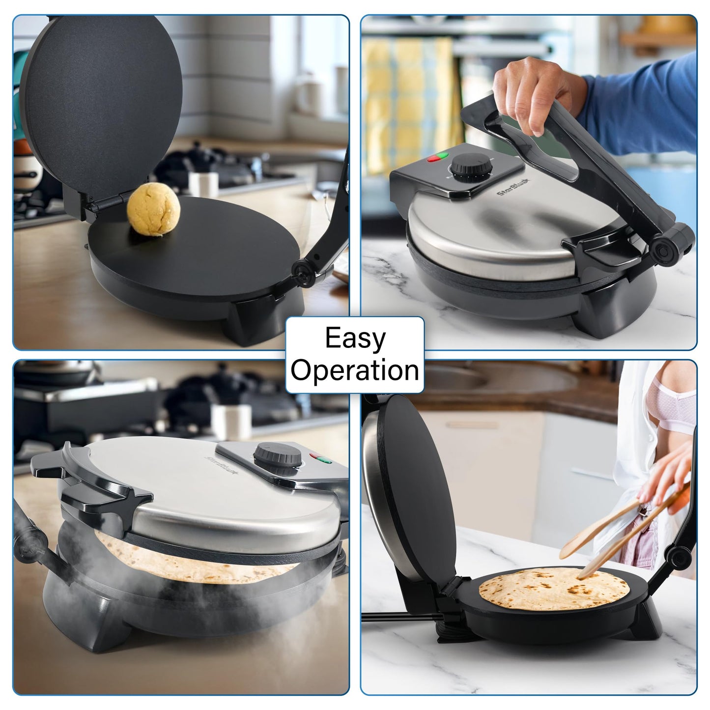 10inch Roti Maker by StarBlue with FREE Roti Warmer and Removable Handle - The automatic Stainless Steel Non-Stick Electric machine to make Indian style Chapati, Tortilla, Roti AC 110V 50/60Hz 1200W