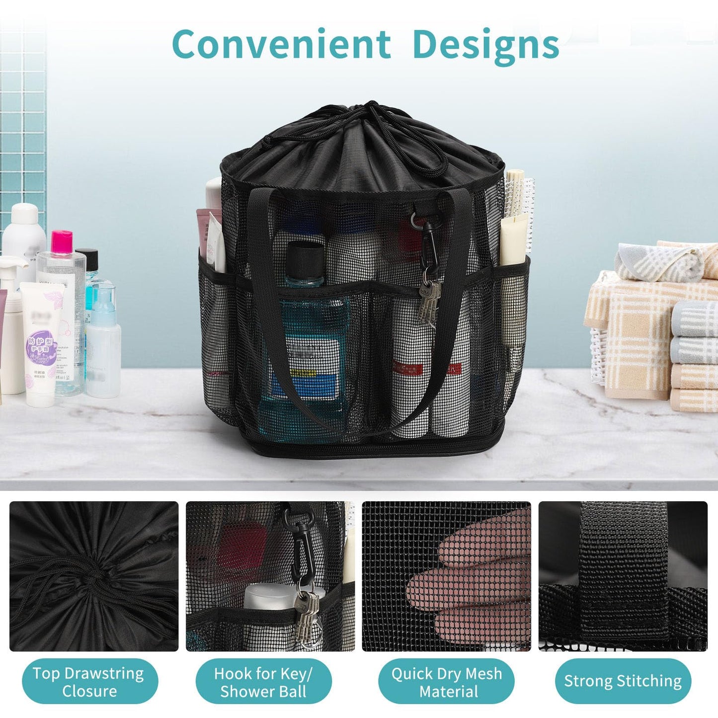 Mesh Shower Caddy Portable for College Dorm Room Essentials, Shower Tote Bag with Hanging Hook and Drawstring, Quick Dry Toiletry Bag with 6 Pockets for Bathroom, Swimming, Gym, Camping, Beach, Travel