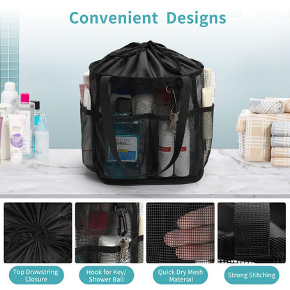 Mesh Shower Caddy Portable for College Dorm Room Essentials, Shower Tote Bag with Hanging Hook and Drawstring, Quick Dry Toiletry Bag with 6 Pockets for Bathroom, Swimming, Gym, Camping, Beach, Travel