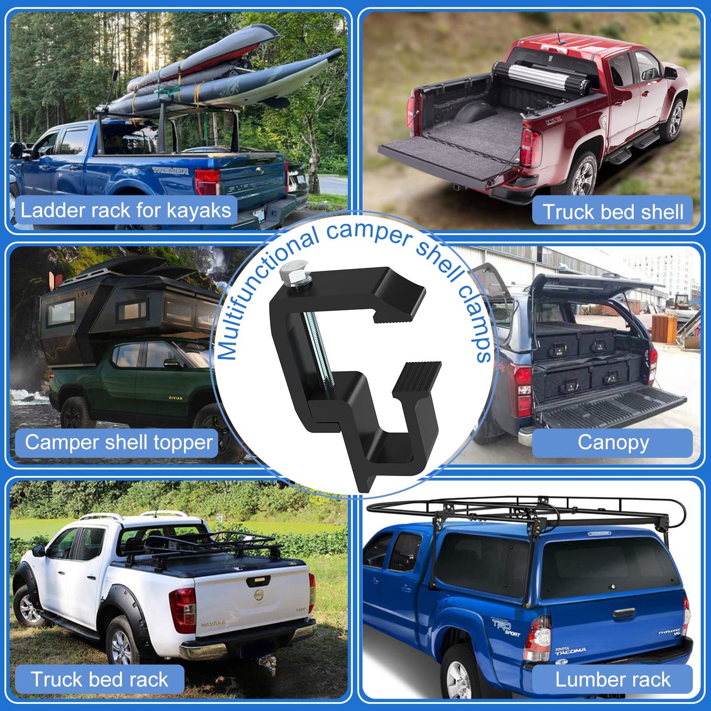 moveland 8 PCS Camper Shell Clamps - Heavy Duty Truck Topper Clamps - No Drilling Required Truck Cap Clamps for Chevy Silverado Sierra/Dodge Dakota Ram 1500 2500 3500, F150 F250, Titan, Tundra