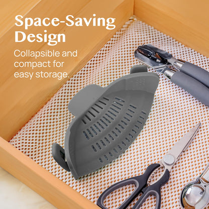 Kitchen Gizmo Snap N' Strain - Silicone Pasta Strainer Clip-On for Pots and Pans - Heat Resistant Colander for Vegetables and Noodles - Kitchen Gadgets for Cooking - Space-Saving Design - Gray