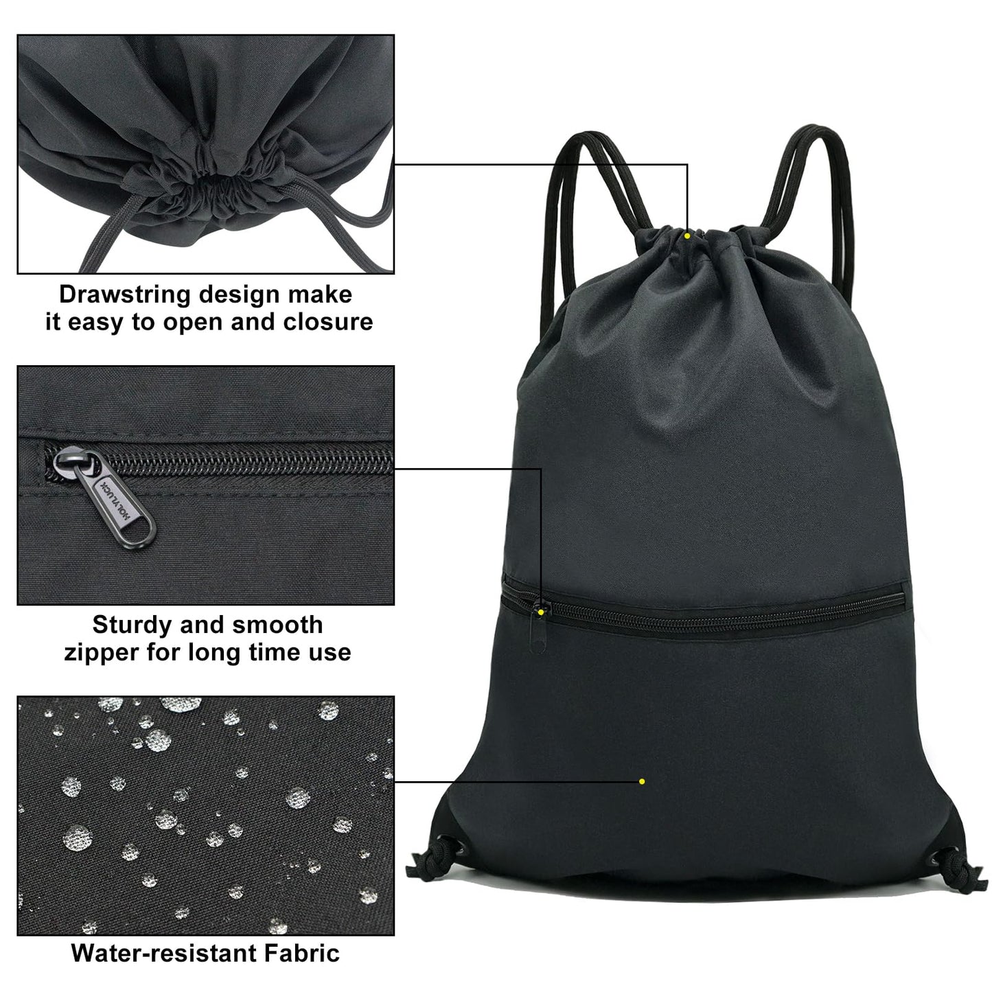 HOLYLUCK Drawstring Backpack Bag Sport Gym Sackpack - black