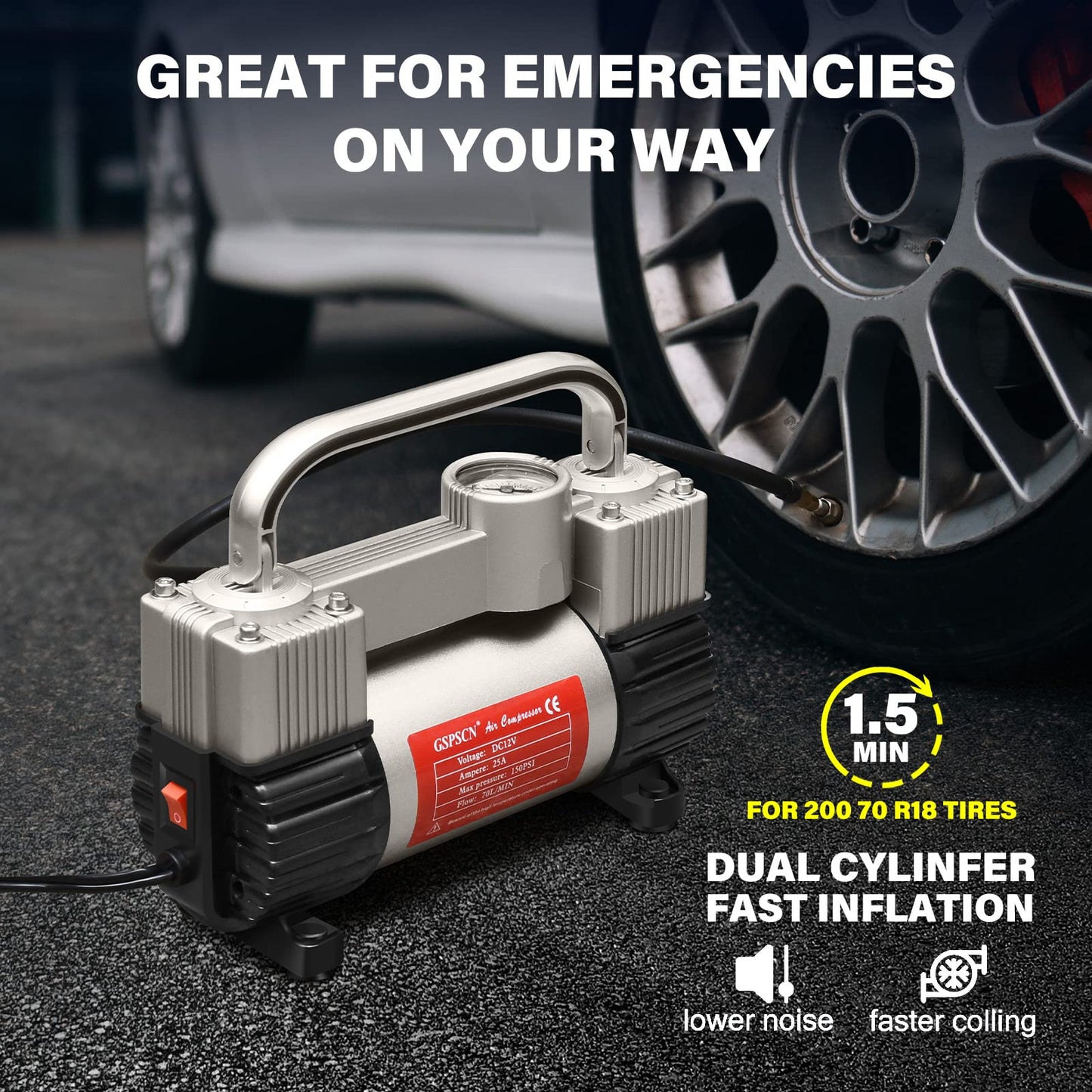 GSPSCN Silver Tire Inflator Heavy Duty Double Cylinders with Portable Bag- Car Accessories，Metal 12V Air Compressor Pump 150PSI with Adapter for Car, Truck, SUV Tires, Dinghy, Air Bed etc
