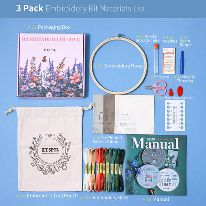 ETSPIL Embroidery Kit for Beginners & Adult, 3-Pack 33-Stitch Floral Samplers, Pre-Stamped Designs, 7.8-Inch Hoop, Threads, Needles, Storage Bag, Guide & Video, DIY Craft Gift for Women