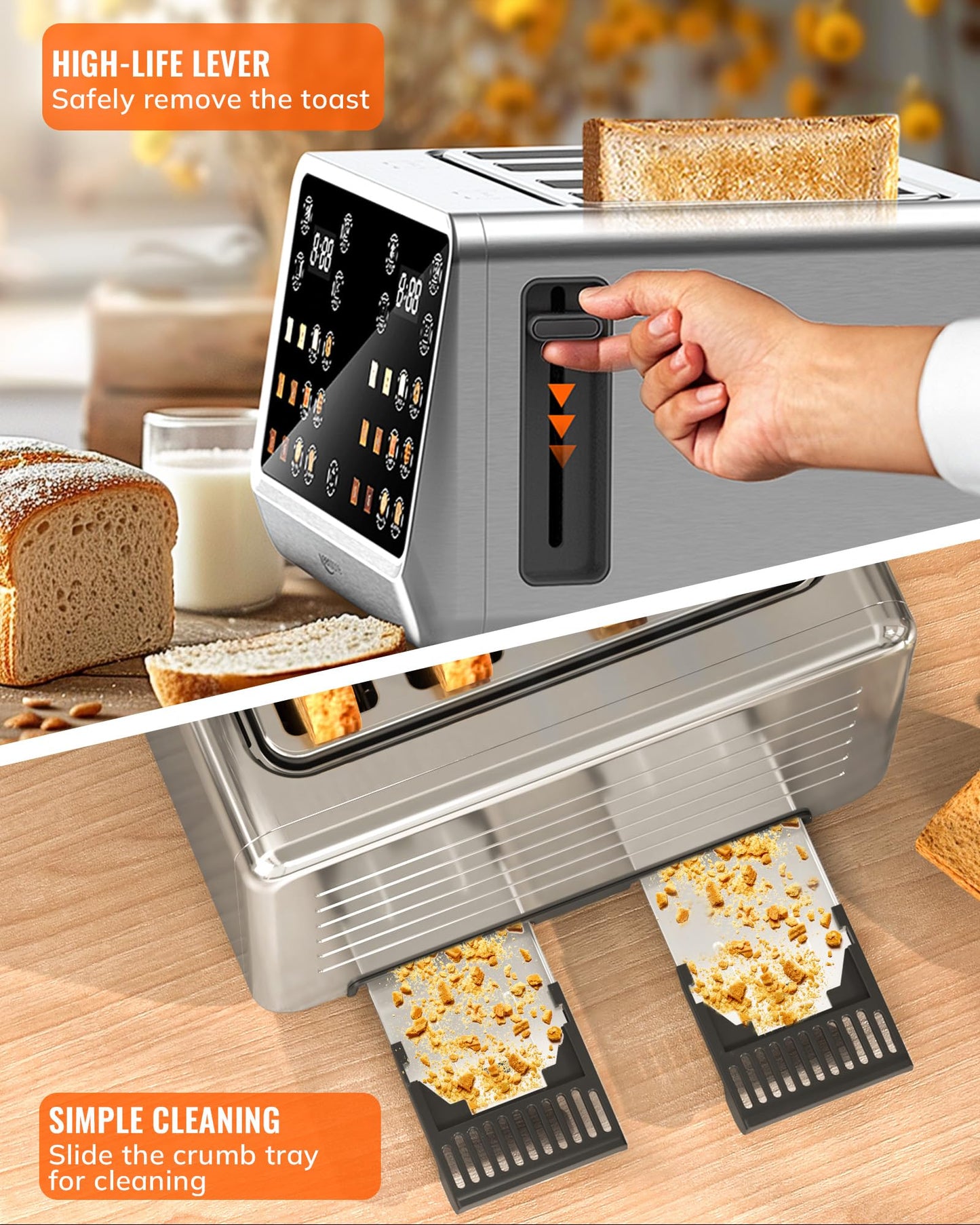Keenstone Toaster 4 Slice, Digital Smart Toaster with TouchScreen, Dual Control Panel, Single Slot Toasting, Timer, Reheat & Defrost for Bagels, Bread, Waffles, Stainless Steel Kitchen Essentials