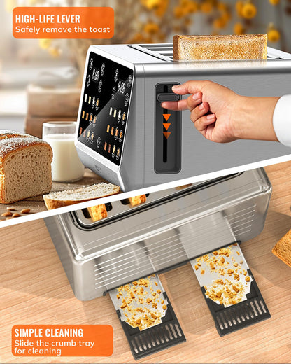 Keenstone Toaster 4 Slice, Digital Smart Toaster with TouchScreen, Dual Control Panel, Single Slot Toasting, Timer, Reheat & Defrost for Bagels, Bread, Waffles, Stainless Steel Kitchen Essentials