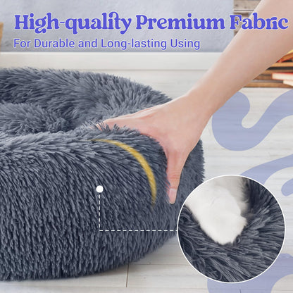 rabbitgoo Cat Beds for Indoor Cats, 20 inches Cat Bed Machine Washable, Fluffy Round Pet Bed Non-Slip, Calming Soft Plush Donut Cuddler Cushion Self Warming for Small Dogs Kittens, Dark Grey, Medium