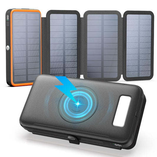 FEELLE Solar Charger Power Bank, 27000mAh Wireless Portable Charger with 4 Solar Panels, 22.5W Fast Charging Battery Pack USB-C in/Output PD+QC3.0 Portable Power Bank for All Cell Phones