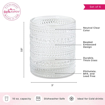 Kate Aspen Beaded Drinking Glasses Set of 6, 10 oz Retro Vintage Glassware - Boho Cocktail Water Juice Glasses, Hostess or Housewarming Gift