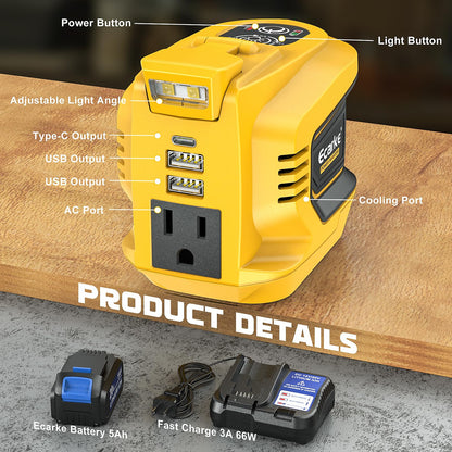 Power Inverter 200W Portable Power Station Generator Compatible with DeWALT, Ecarke Supply Charger Adapter with Dual USB,AC Outlet and Type-C with 5Ah Battery & Charger Station Kit