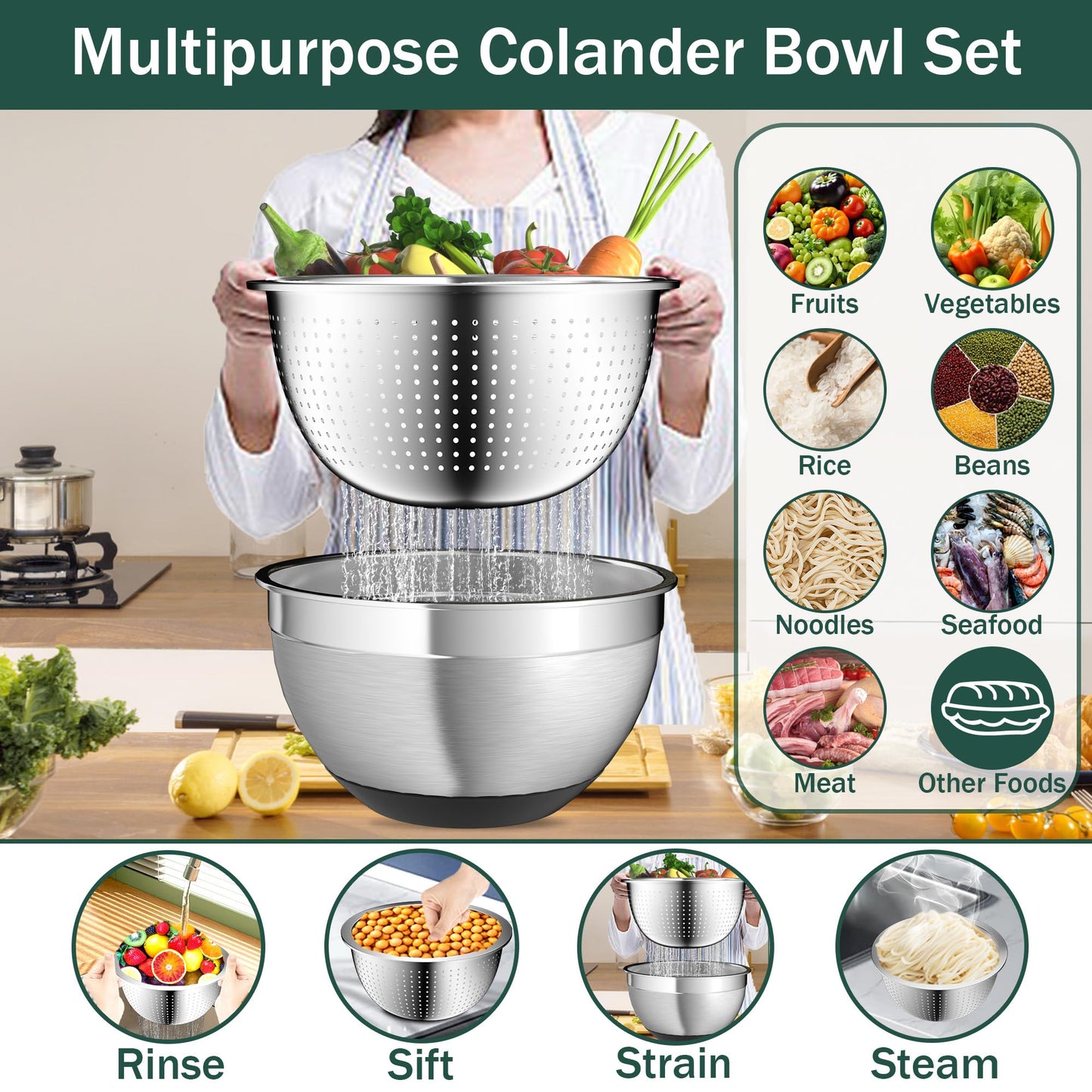 Mixing Bowls with Airtight Lids, Stainless Steel Mixing Bowl Set with 3 Metal Nesting Bowls, Colander & Grater, Non-Slip Bottoms, Size 1.5, 2.5, 5 QT, Great for Mixing & Serving, Black