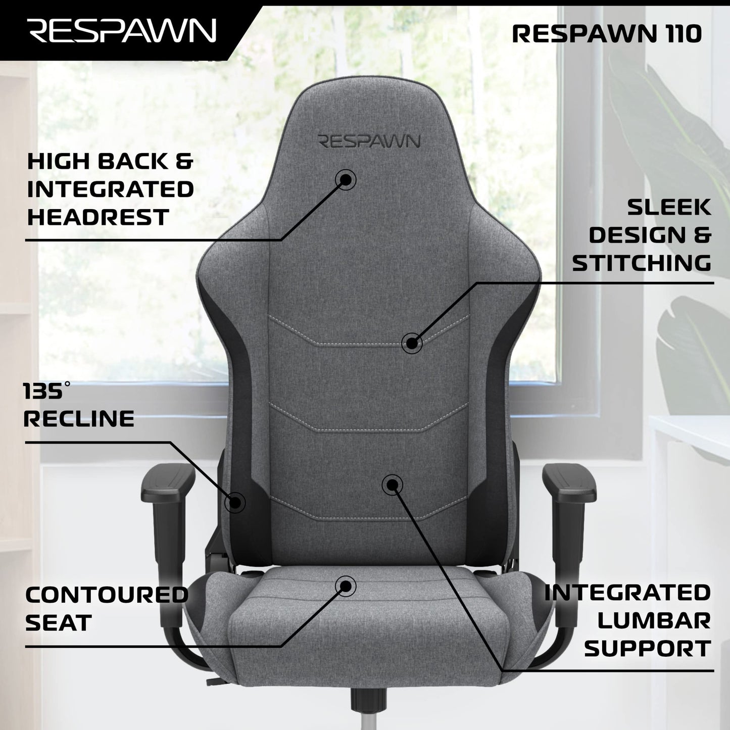 RESPAWN 110 Fabric Gaming Chair Ergonomic Racing Style High Back PC Computer Desk Office Chair - 360 Swivel, Integrated Headrest, 135 Degree Recline Adjustable Tilt Tension Angle Lock - 2023 Grey