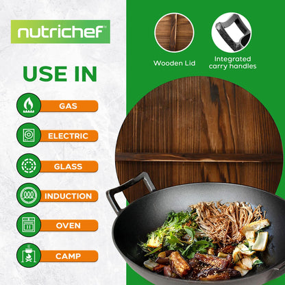 NutriChef Cast Iron Wok with Wooden Lid - Pre-Seasoned Chinese Wok for Stir-Fry, Compatible with Multiple Cooktops Including Induction, Large 5.8 Qt Capacity, 12" Diameter