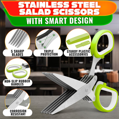 Herb Scissors with 5 Blades and Cover – Stainless Steel Herb Cutter for Fast & Precise Cutting, Compact, Easy-to-Store Design – Ergonomic Handle & Cleaning Brush for Quick and Comfortable Kitchen Prep