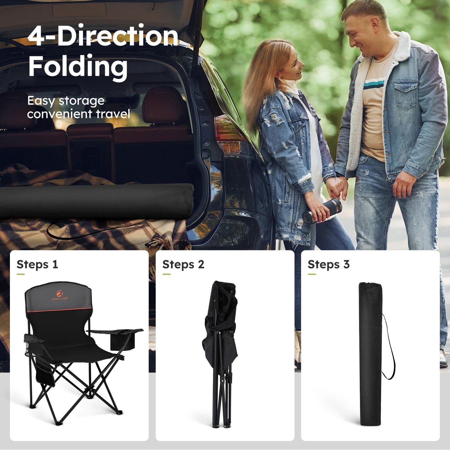 ALPHA CAMP Camping Chair 2 Pack Portable Chair with 3-Can Cooler Folding Chair with Side Pocket and Cup Holder, Collapsible for Camping, Tailgates, Beach, Fishing and Sports,Black,2PC