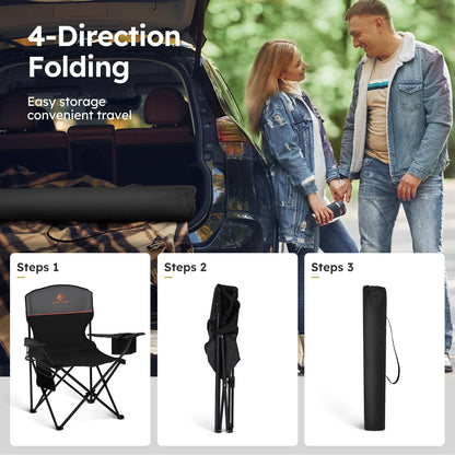 ALPHA CAMP Camping Chair 2 Pack Portable Chair with 3-Can Cooler Folding Chair with Side Pocket and Cup Holder, Collapsible for Camping, Tailgates, Beach, Fishing and Sports,Black,2PC