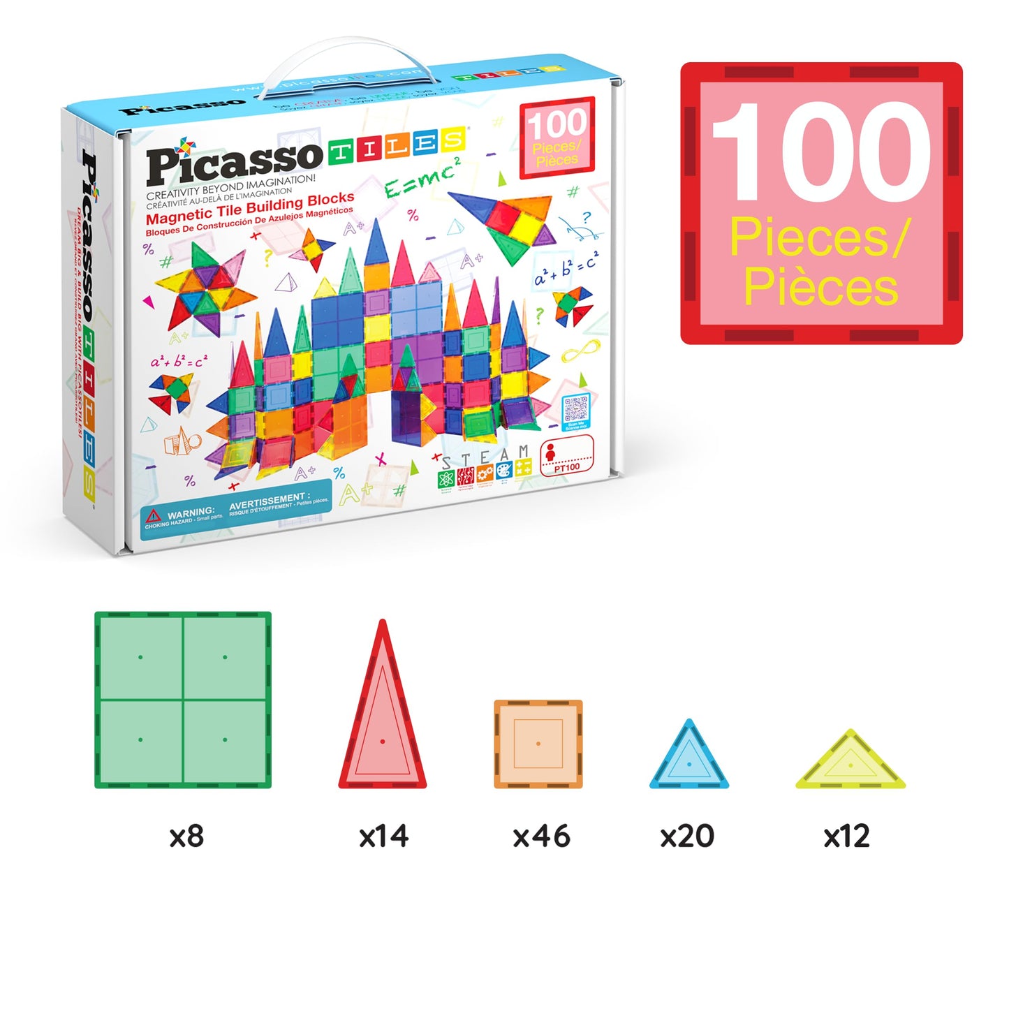 PicassoTiles 100 Piece Set 100pcs Magnet Building Tiles Clear Magnetic 3D Blocks Construction Playboards, Creativity Beyond Imagination, Inspirational, Recreational, Educational Conventional