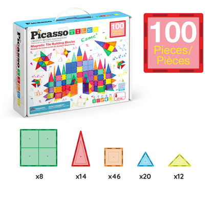 PicassoTiles 100 Piece Set 100pcs Magnet Building Tiles Clear Magnetic 3D Blocks Construction Playboards, Creativity Beyond Imagination, Inspirational, Recreational, Educational Conventional