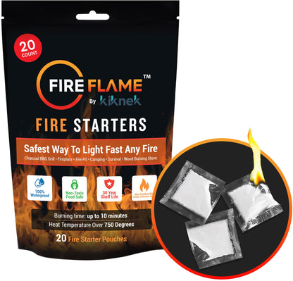 FireFlame Quick Instant Fire Starter -100% Waterproof All-Purpose Indoor & Outdoor FireStarter, for Charcoal Starter, Campfire, Fireplace, Firepit, Smoker - Odorless and Non-Toxic - 20 Pouches in Bag