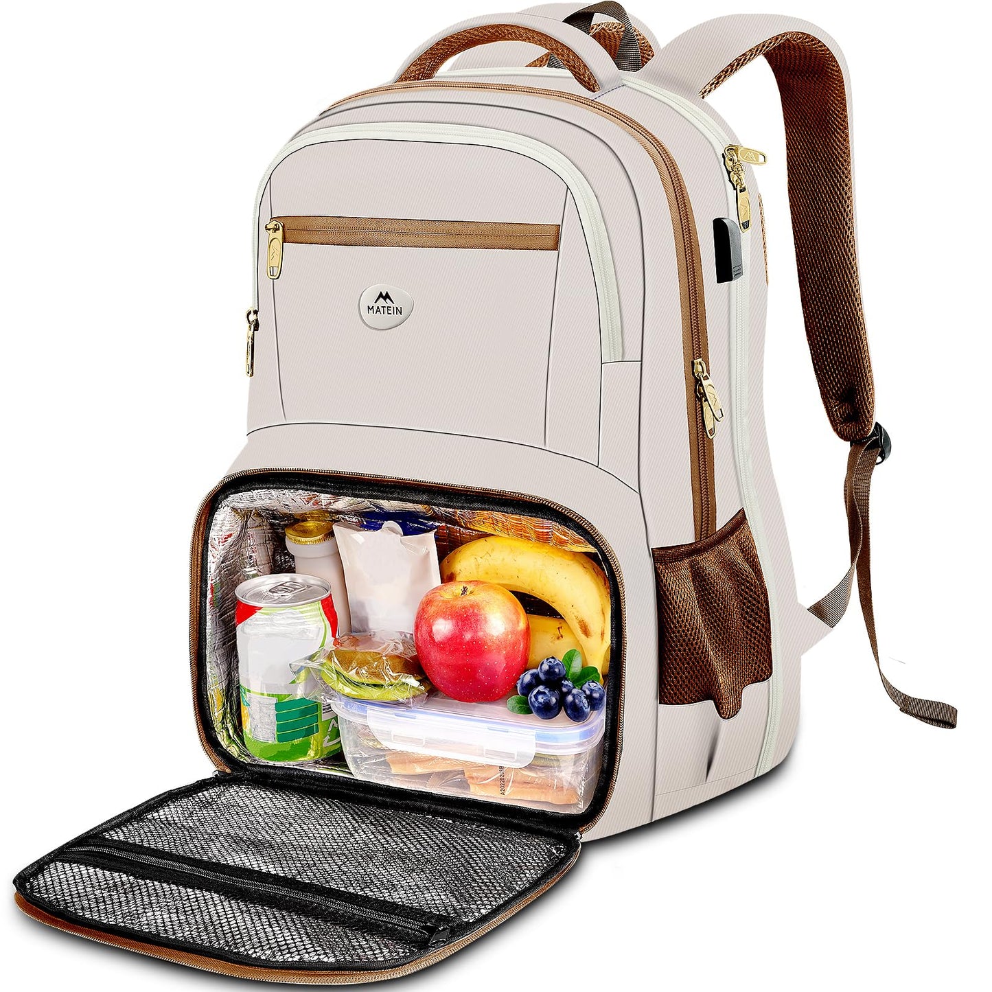MATEIN Backpack Lunch Bag for Women, Sturdy Teacher Nurse Insulated Cooler Backpack for Work College Travel Picnic, Stylish Cute Laptop School Bag with Lunch Compartment, Gifts for Her, Beige-Brown