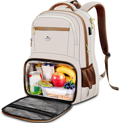 MATEIN Backpack Lunch Bag for Women, Sturdy Teacher Nurse Insulated Cooler Backpack for Work College Travel Picnic, Stylish Cute Laptop School Bag with Lunch Compartment, Gifts for Her, Beige-Brown