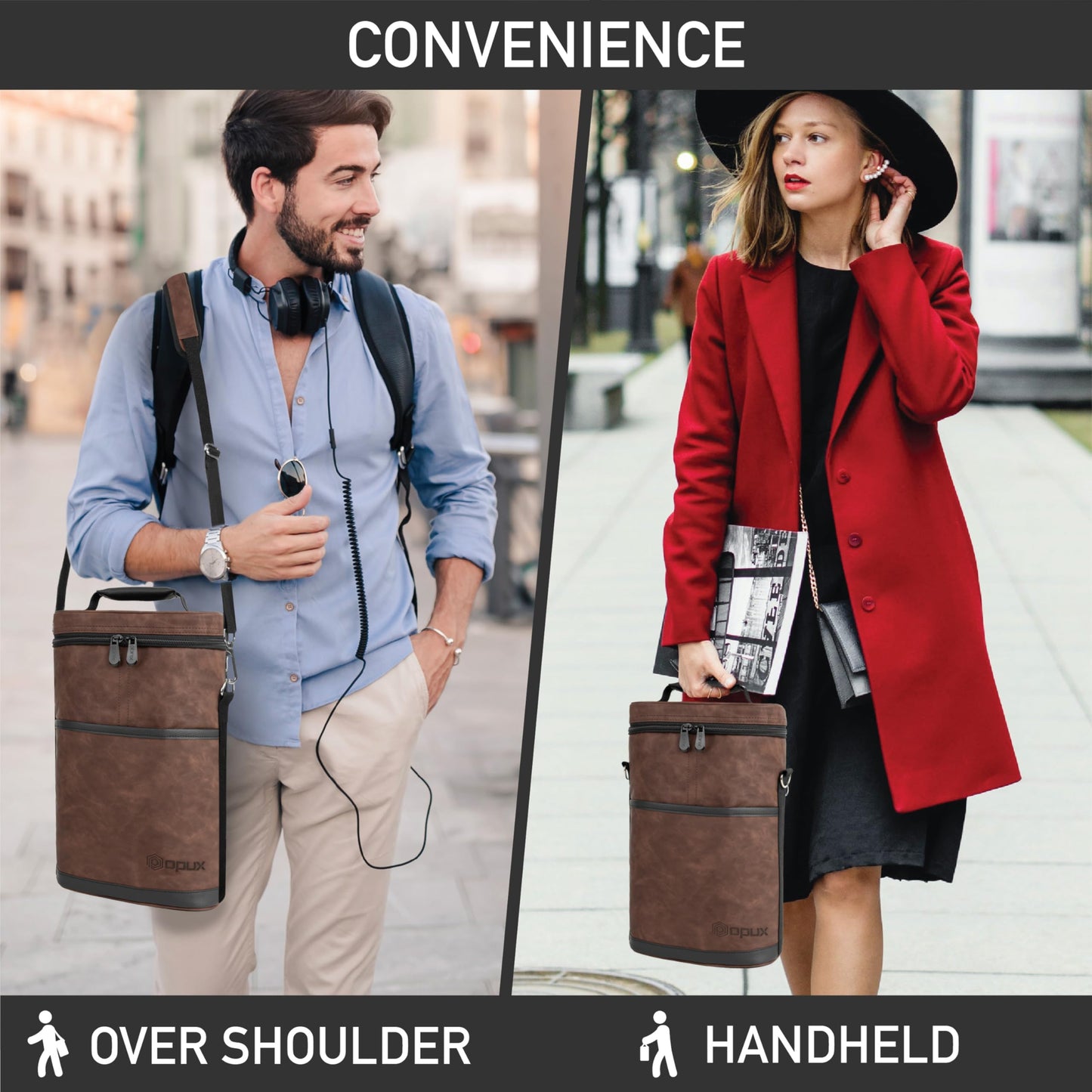 opux 2 Bottle Wine Carrier Tote, Insulated Leakproof Wine Cooler Bag, Wine Travel Bag for Picnic BYOB Beach, Portable Wine Bottle Carrying Case, Gift for Wine Lover Women Men Christmas, Brown Leather