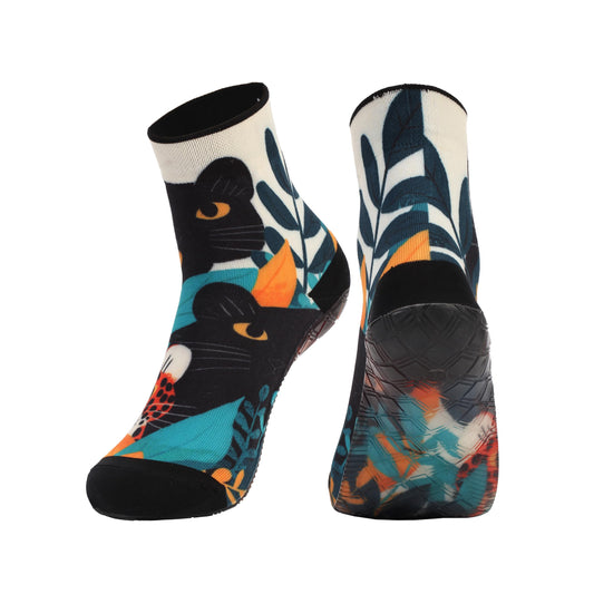 RANDY SUN Ankle Quick-Dry Barefoot Beach Socks with Anti-Slip TPE Sole, Breathable Lightweight Shoes for Sand, Seamless Aqua Socks, Black Leopard Size 24