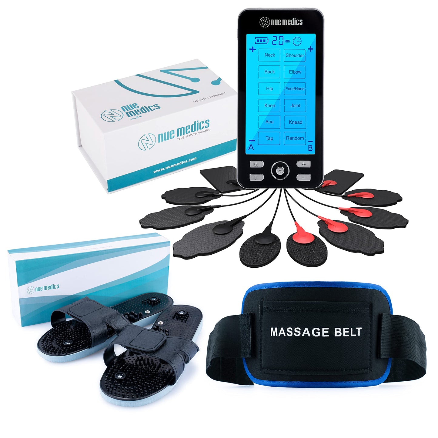 NueMedics Rechargeable Tens 24 Muscle Stimulator Complete Set + Flex Snap on Belt for Lower Back + Slippers Pain Relief Therapy Muscle Recovery Neuropathy,Arthritis, Bursitis, Tendonitis, Sciatica