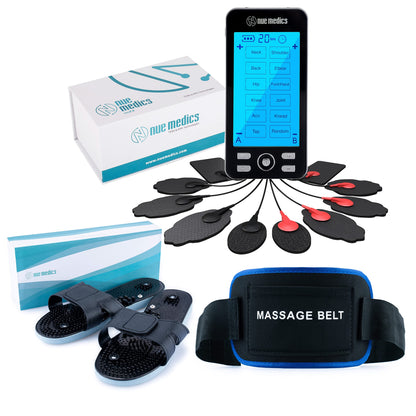 NueMedics Rechargeable Tens 24 Muscle Stimulator Complete Set + Flex Snap on Belt for Lower Back + Slippers Pain Relief Therapy Muscle Recovery Neuropathy,Arthritis, Bursitis, Tendonitis, Sciatica