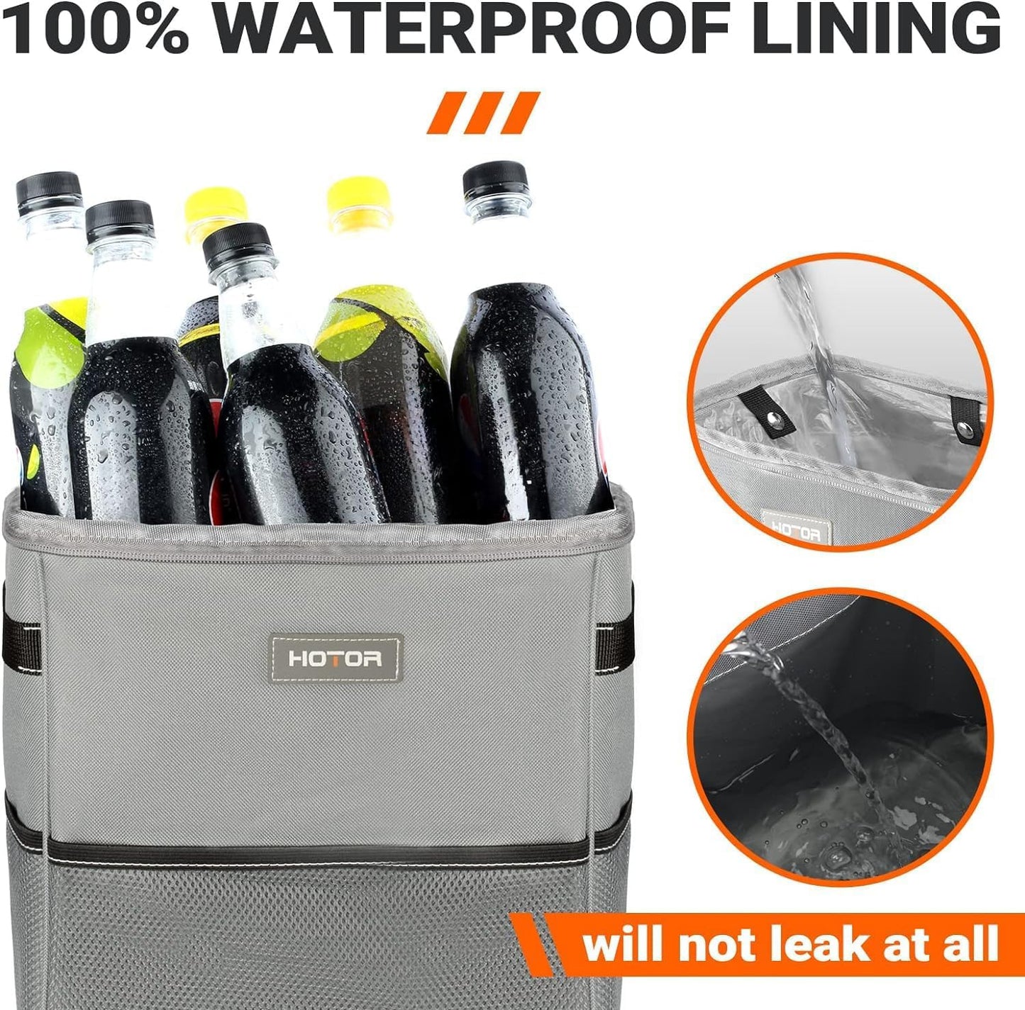 HOTOR Car Trash Can, Multifunctional Car Accessory for Interior Car Stuff Storage with Compact Design, Waterproof Car Organizer and Storage with Adjustable Straps, Magnetic Snaps, 2 Gallons, Gray