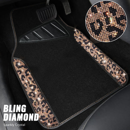 CAR PASS Bling Diamond Car Floor Mats, Shining Rhinestone Carpet Sparkly Glitter Crystal with Anti-Slip PVC Heel Pad Waterproof Universal Fit Automotive SUV,Sedan,Van,Cute Girl Women,4pcs Gold Leopard