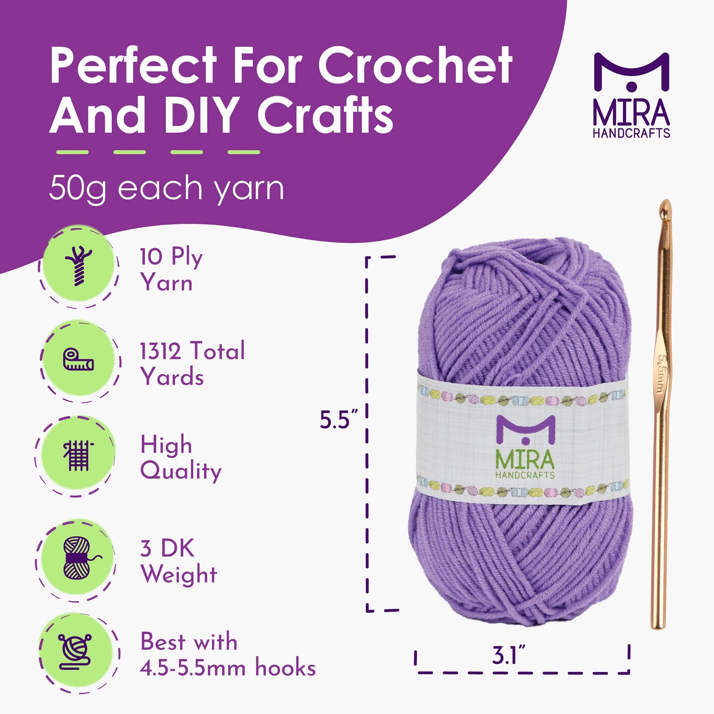 Mira HandCrafts 12 Acrylic Yarn Skeins - Crochet and Knitting Starter Kit for Colorful Arts and Crafts with 1,312 Yards of Multicolored Thread - Make Amigurumi, Granny Squares, Scarves, and Throws