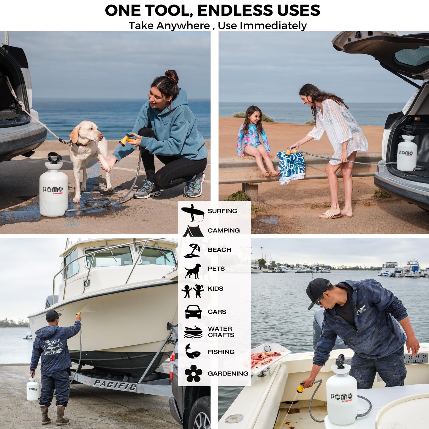 Pomo High Pressure 5L Portable Shower, Outdoor Shower, Camping Shower, Surf Rinse Kit, Beach Shower, Dog Wash, Boat Rinse, Car Shower, 1.5 Gallon Multi-use Sprayer, Hand Pump 45 PSI - No Power Needed!