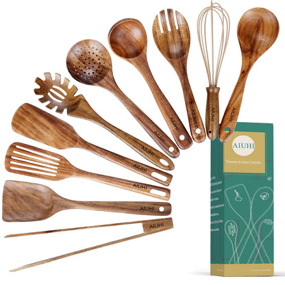 10 Pack Wooden Utensils for Cooking, Wood Utensil Set for Kitchen, Teak Wooden Spoon for Cooking, Non-Stick Spatula Ladle