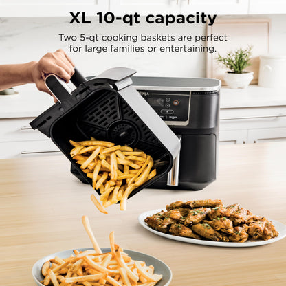 Ninja Foodi 10QT 6-in-1 DualZone Smart XL Air Fryer, 2 Independent 5QT Baskets, Smart Cook Thermometer, Match Cook, Smart Finish, Air Fry, Roast, Bake, Dehydrate, Reheat, Grey, DZ550