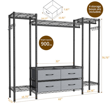 Large Garment Rack Heavy Duty Clothes Rack,Freestanding Closet Portable Clothing Rack with 8 Adjustable Wire Shelves,3 Hang Rods,4 Fabric Drawers,2 Hooks,Metal Closet Storage Wardrobe,MaxLoad 900lbs
