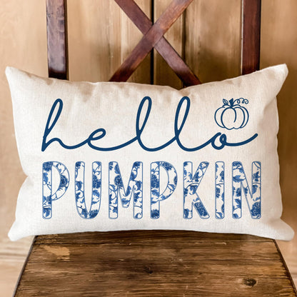 GTEXT Fall Pillow Cover 12x20 inch Blue Chinoiserie Hello Pumpkin Throw Pillow Cover Autumn Decor Thanksgiving Outdoor Seasonal Decorative Pillowcase Recotangle Farmhouse Decor for Sofa Bed Couch