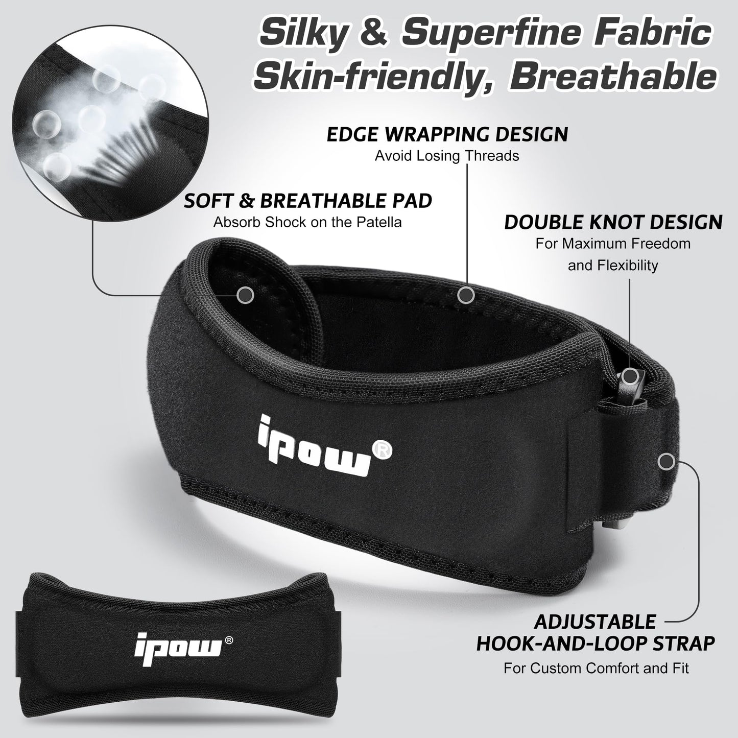 IPOW 2 Pack Knee Pain Relief & Patella Stabilizer Knee Strap Brace Support for Hiking, Soccer, Basketball, Running, Jumpers Knee, Tennis, Tendonitis, Volleyball & Squats, Black