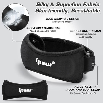 IPOW 2 Pack Knee Pain Relief & Patella Stabilizer Knee Strap Brace Support for Hiking, Soccer, Basketball, Running, Jumpers Knee, Tennis, Tendonitis, Volleyball & Squats, Black